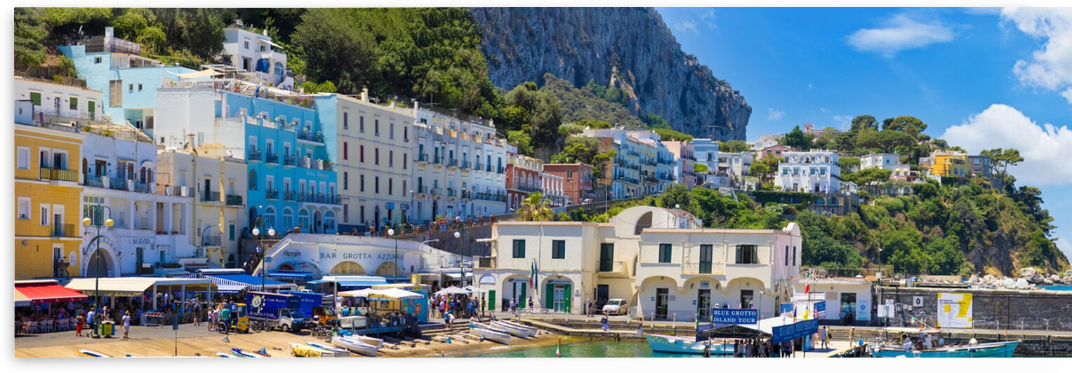 Italy scenic views of Capri Island Bay. Ships yachts and ferries in Capri harbor by Elijah Lovkoff