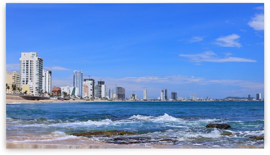 Panoramic view of Mazatlan sea promenade and waterfront El Malecon with ocean lookouts and beaches by Elijah Lovkoff