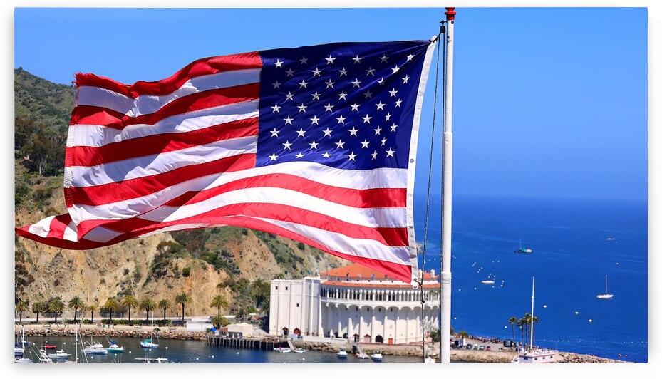 American star spangled flag waving in California. A large American flag is flying high above by Elijah Lovkoff