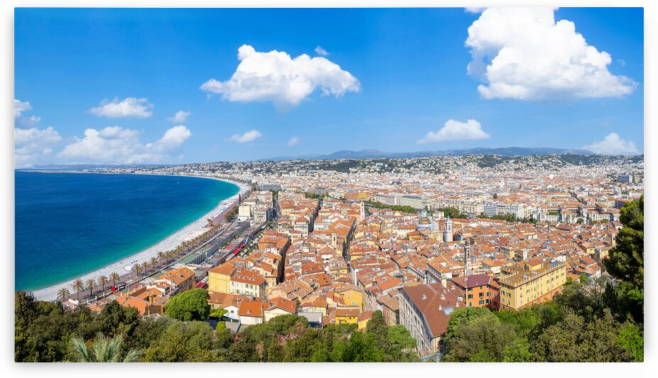France panoramic skyline of old historic Nice center and azure beaches along Promenade des Anglais by Elijah Lovkoff