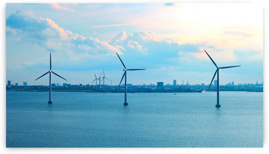 Renewable energy wind power plant and wind turbines along Denmark sea shoreline near Copenhagen by Elijah Lovkoff