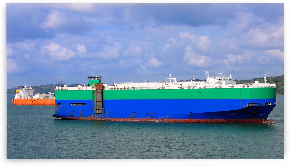 International container ship crossing Panama Canal delivering global commerce trade cargo by Elijah Lovkoff