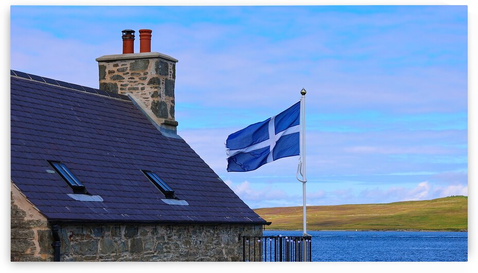 Shetland Flag waving on a typical medieval house in Lerwick downtown and port in Scotland England by Elijah Lovkoff