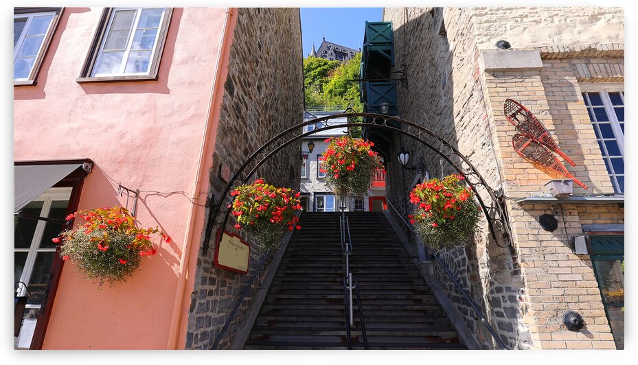 Low angle view of Old Quebec City tourist attractions of Quartier Petit Champlain lower town shopping district and old French architecture by Elijah Lovkoff
