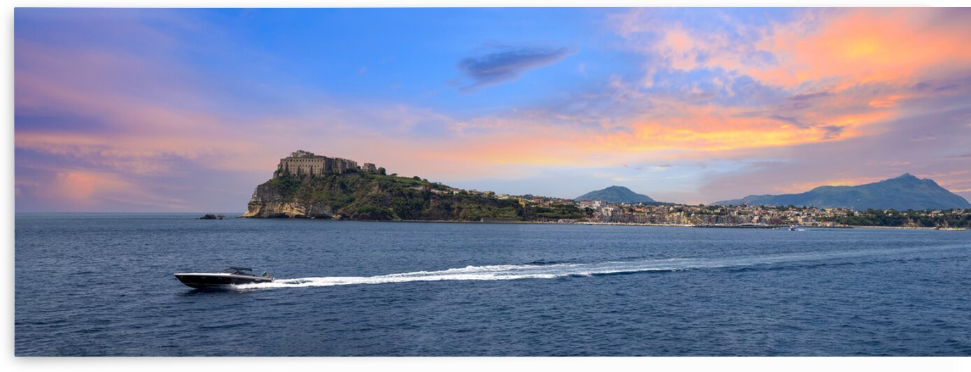 Italy scenic sunset over Procida Island near Naples with boat a by Elijah Lovkoff