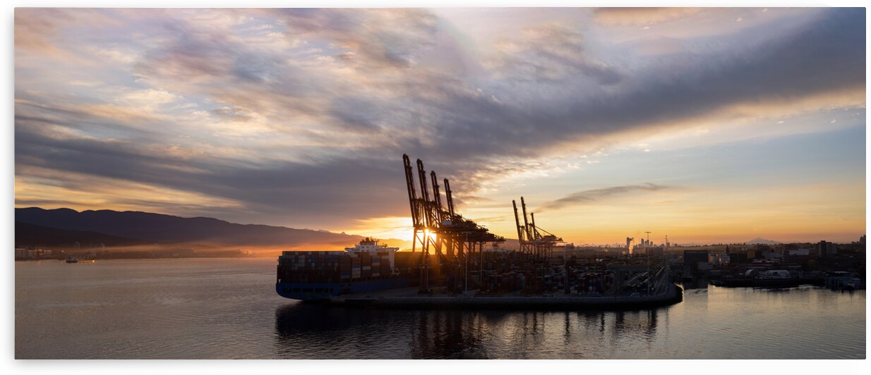 Panoramic skyline view of Vancouver international industrial port with freight and shipment docks by Elijah Lovkoff