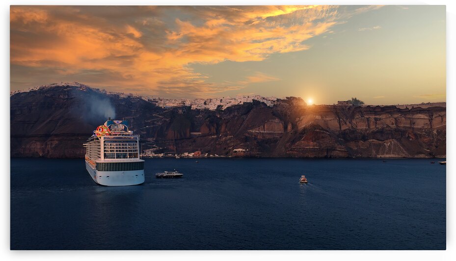 Greece Islands cruise ship docked near Santorini island on a cruise vacation in Mediterranean by Elijah Lovkoff