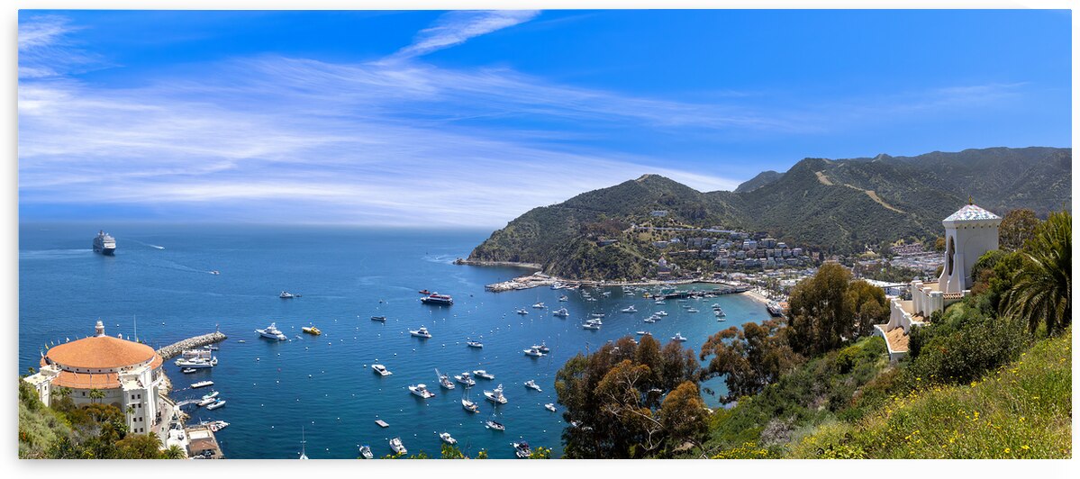 Panoramic view of Catalina Island Bay and Avalon city in California. Famous resorts and travel tourism attraction by Elijah Lovkoff