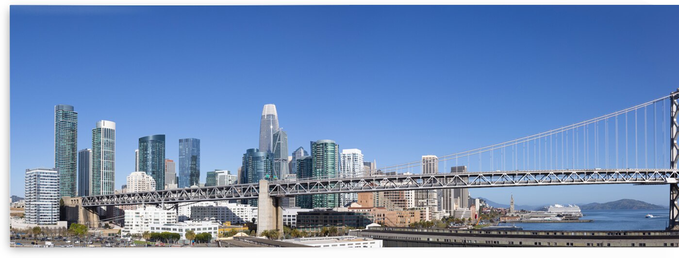 Panoramic San Francisco financial district skyline in city downtown with Oakland Bay Bridge by Elijah Lovkoff