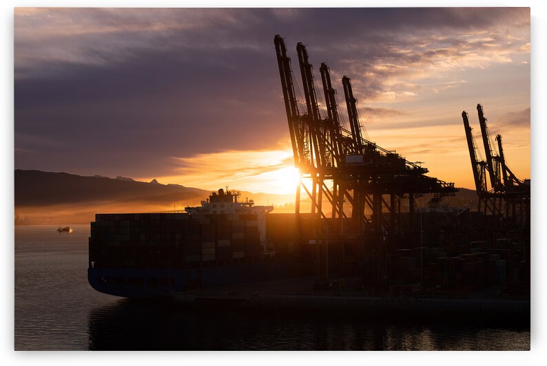 Panoramic skyline view of Vancouver international industrial port with freight and shipment docks by Elijah Lovkoff