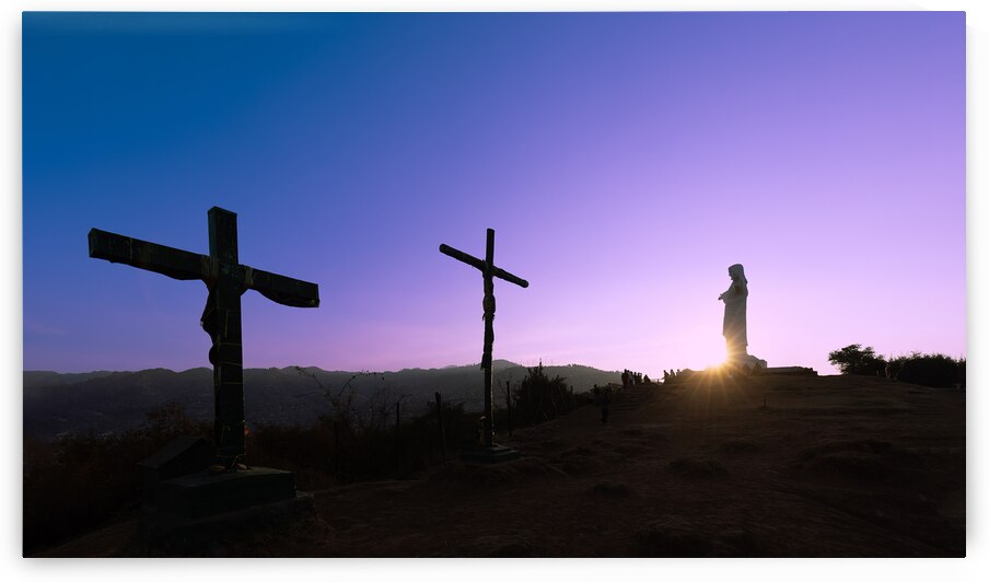 Peru. White Jesus Christ lookout scenic panoramic view of Cusco from Christo Blanco viewpoint by Elijah Lovkoff