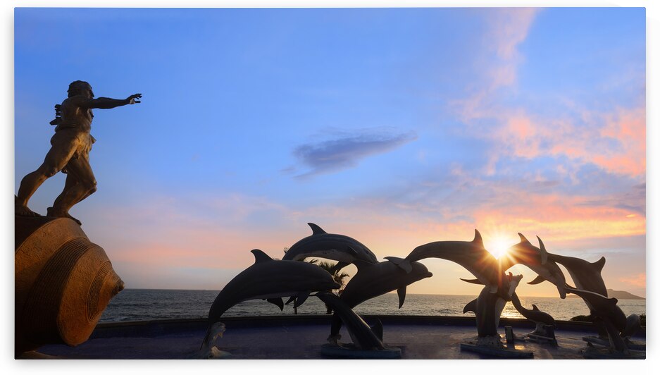 Dolphin silhouettes at Mazatlan sea promenade El Malecon near tourist beaches and scenic landscapes by Elijah Lovkoff