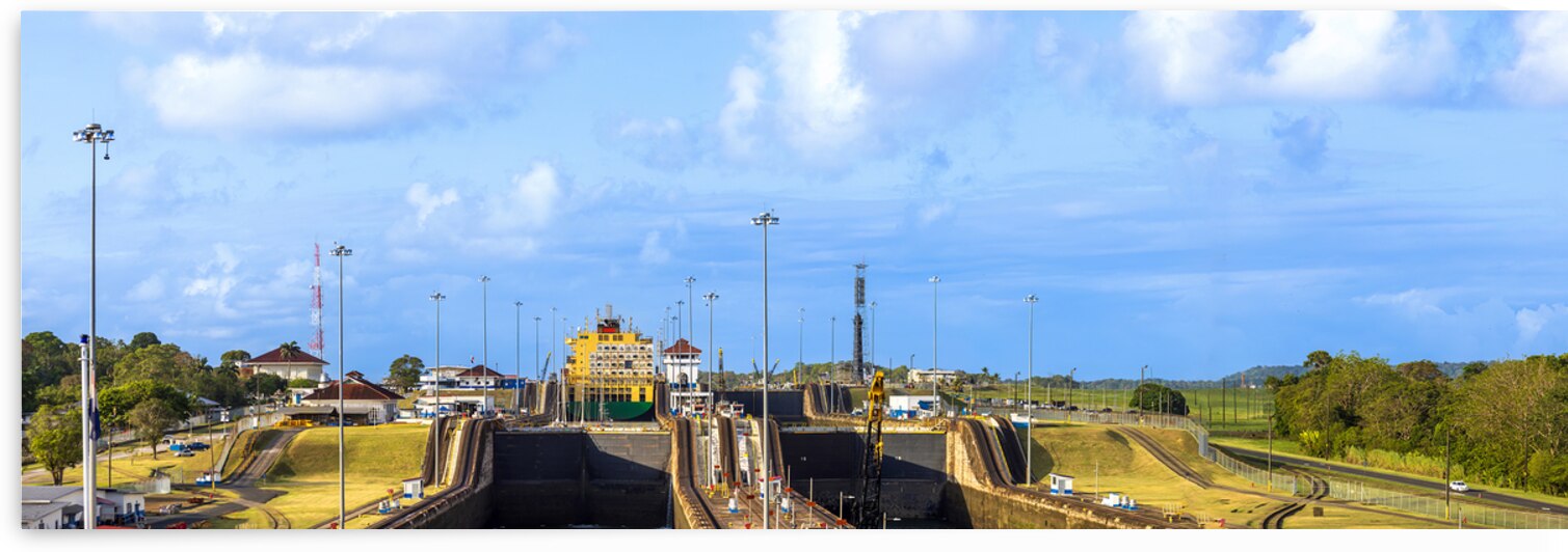 Panama Canal with locks connecting Atlantic and Pacific for global commerce shipments navigation by Elijah Lovkoff