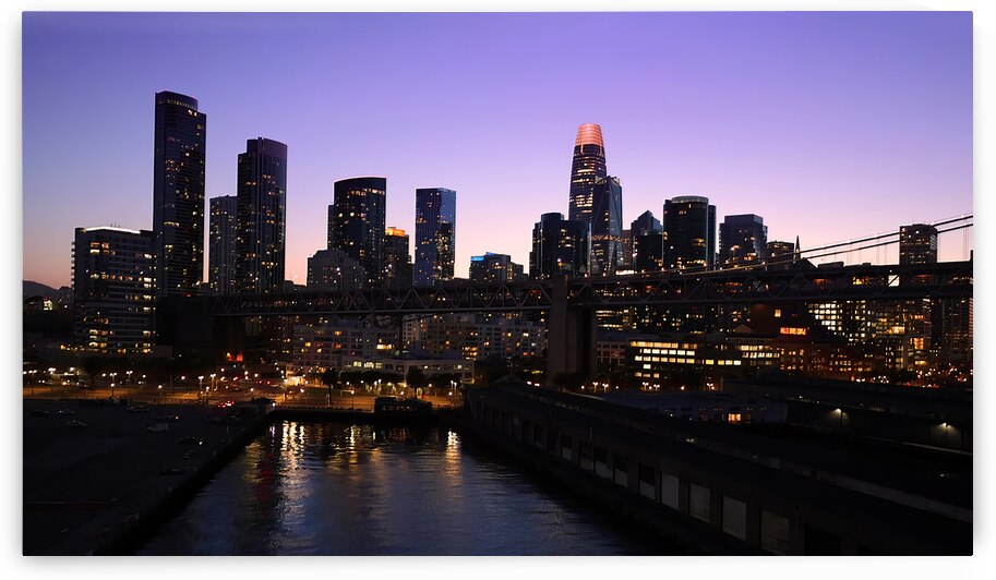 San Francisco Business Center panoramic city skyline view near Oakland Bay Bridge at sunset by Elijah Lovkoff