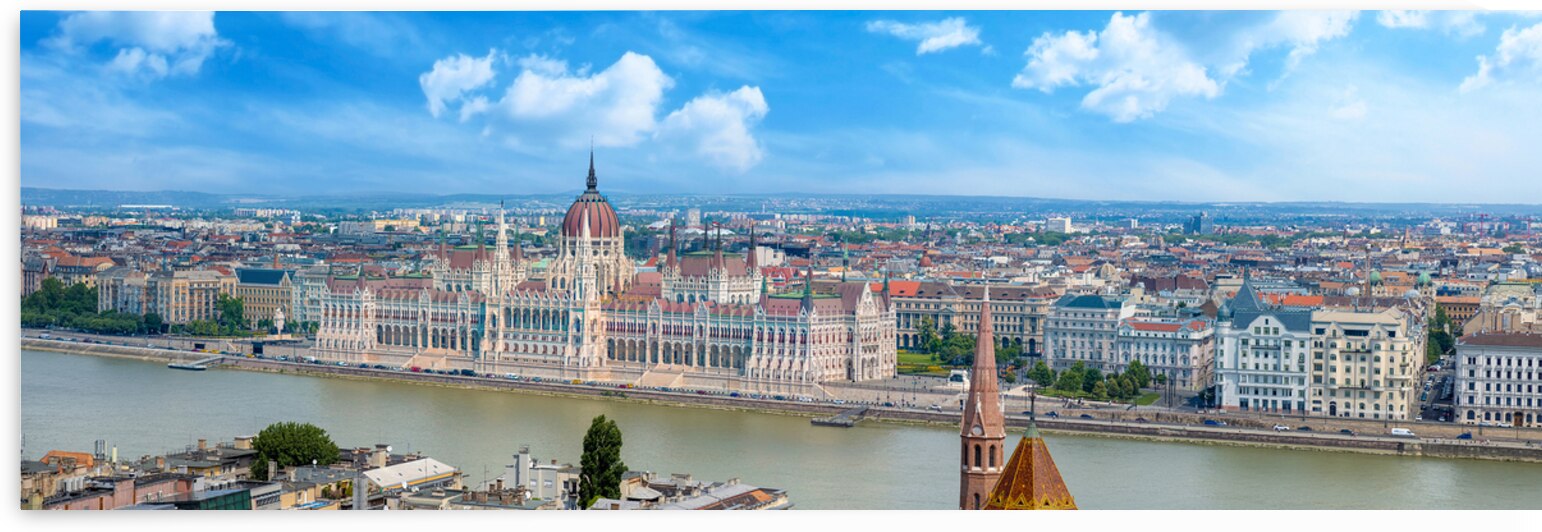 Hungary panoramic view of the Parliament and Budapest city skyline in historic center by Elijah Lovkoff