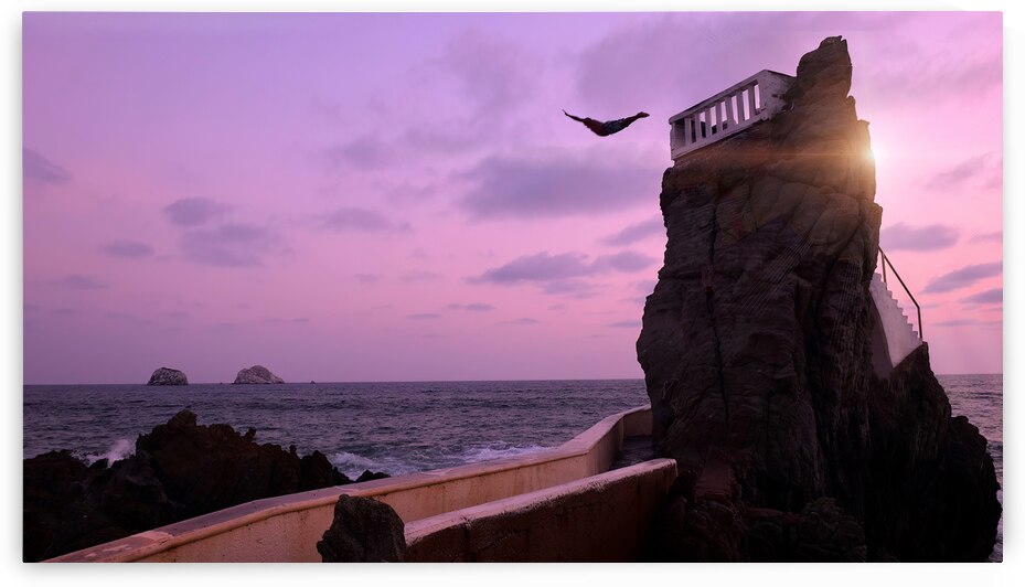 Mexico Mazatlan El Clavadista cliff drivers diving on Malecon to entertain tourists by Elijah Lovkoff