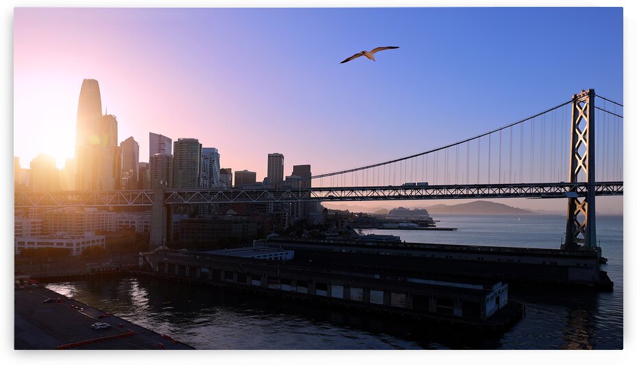 Panoramic San Francisco financial district skyline in city downtown with Oakland Bay Bridge by Elijah Lovkoff