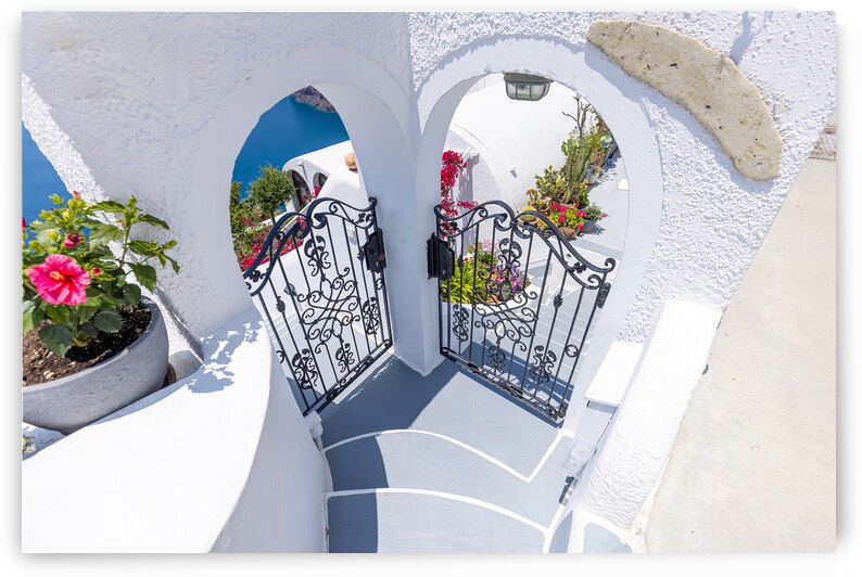 Greece Islands scenic panoramic sea views of Santorini island from top outlook of Fira village by Elijah Lovkoff