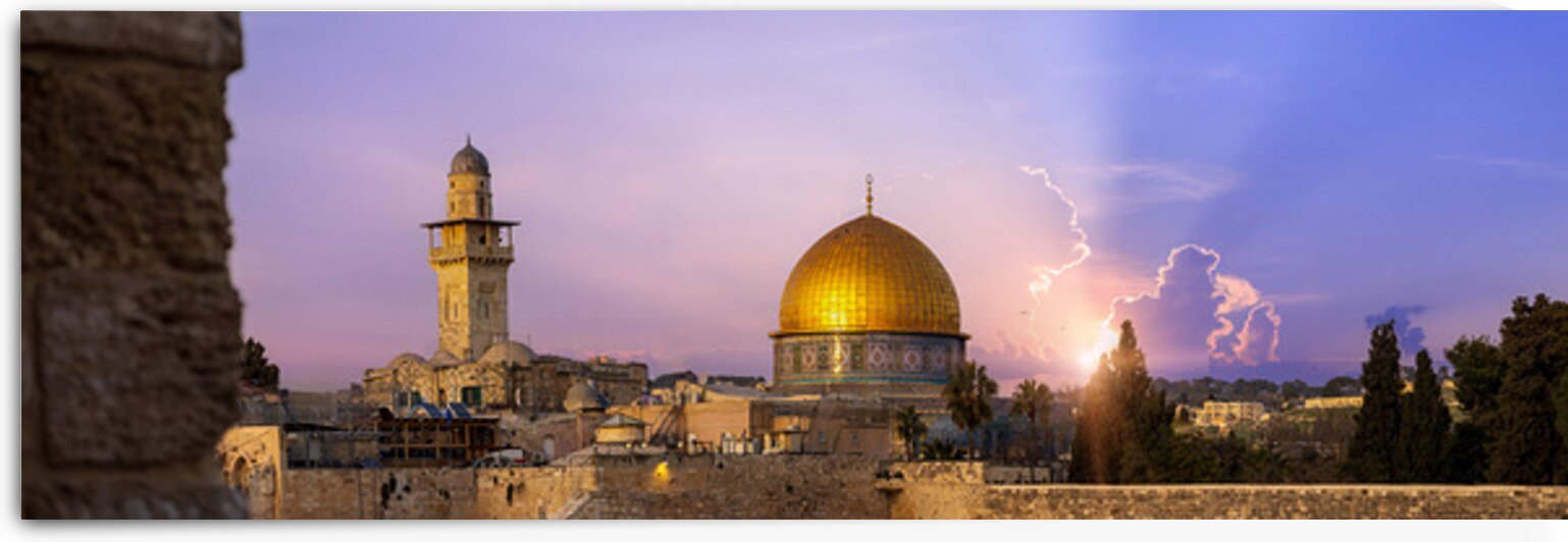 Panoramic view of Jerusalem Old City Western wall Al Aksa Dome of the Rock and Temple Mount by Elijah Lovkoff