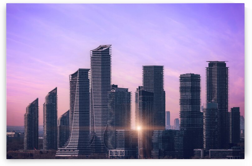 Scenic Etobicoke skyline of newly built condos and businesses near Gardiner Highway and downtown Toronto Ontario lake by Elijah Lovkoff