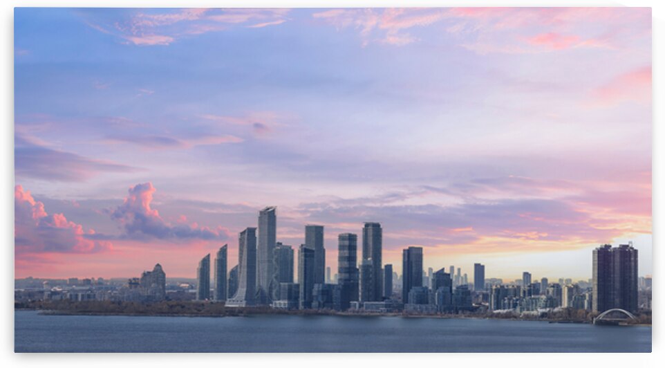 Scenic Etobicoke skyline of newly built condos and businesses near Gardiner Highway and downtown Toronto Ontario lake by Elijah Lovkoff