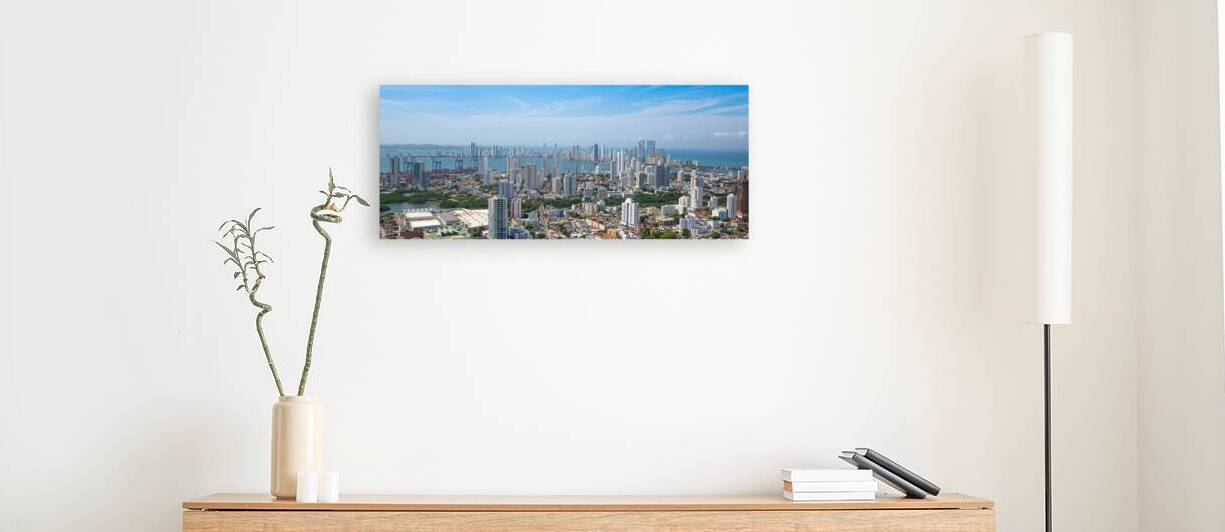 Scenic view of Cartagena cityscape modern skyline hotels and ocean bays Bocagrande and Bocachica from the lookout hill of Santa Cruz convent Convento de la Popa by Elijah Lovkoff