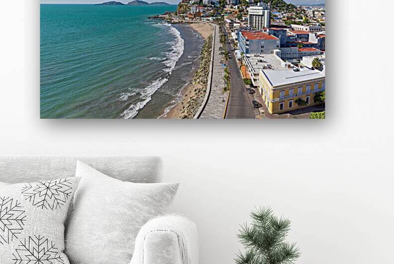 Panoramic view of scenic Mazatlan sea promenade and waterfront El Malecon with ocean lookouts scenic landscapes and nearby islands by Elijah Lovkoff