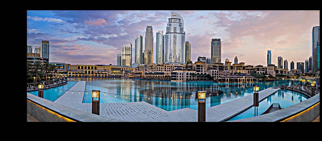 UAE Dubai panoramic view of city downtown Dubai Mall and Dubai Fountain by Elijah Lovkoff