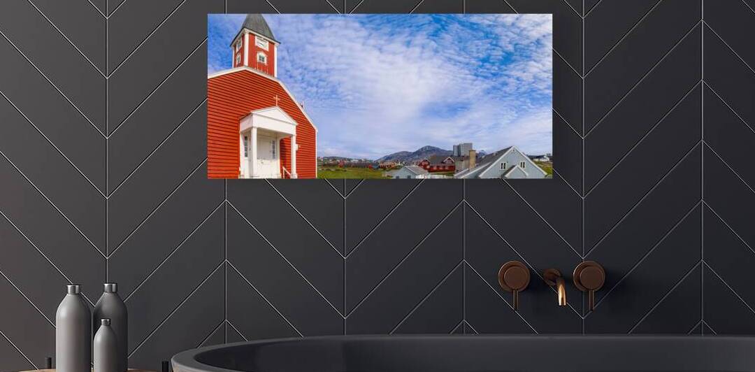 Typical architecture of Greenland capital Nuuk with colored houses located near fjords and icebergs by Elijah Lovkoff