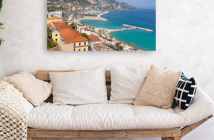 Scenic panoramic view of Menton seashore promenade and historic city in French Riviera Cote D azur by Elijah Lovkoff