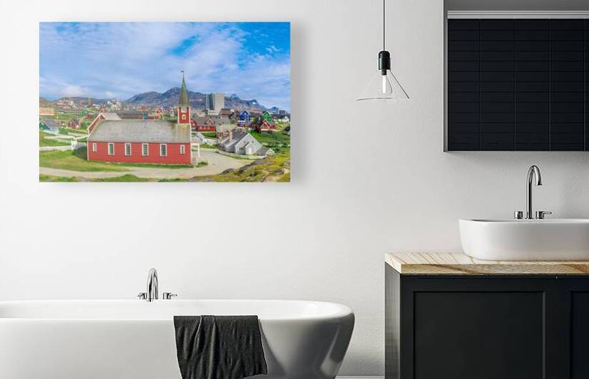Typical architecture of Greenland capital Nuuk with colored houses located near fjords and icebergs by Elijah Lovkoff