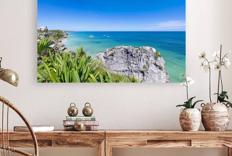 Mexico Tulum Archaeological Zone and Mayan pyramids on scenic ocean shore by Elijah Lovkoff