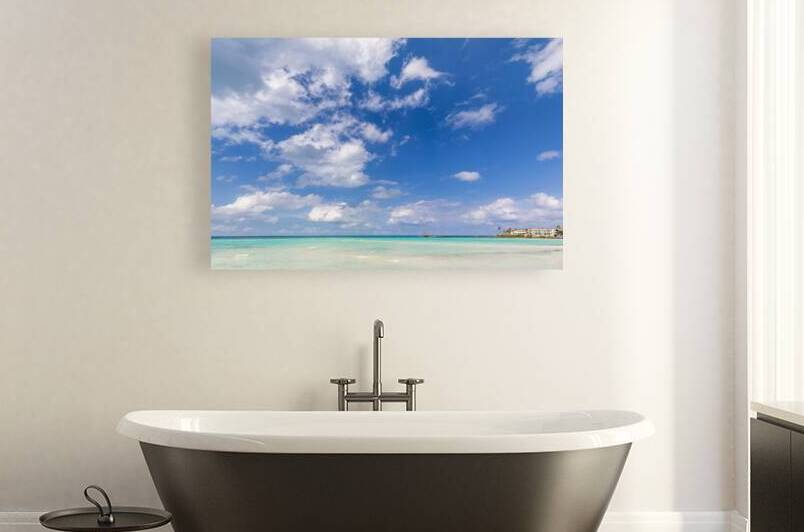 Serene turquoise Isla Mujeres beach Playa Norte famous for emerald waters sandy sea shore and beach bars for fun and beach parties by Elijah Lovkoff