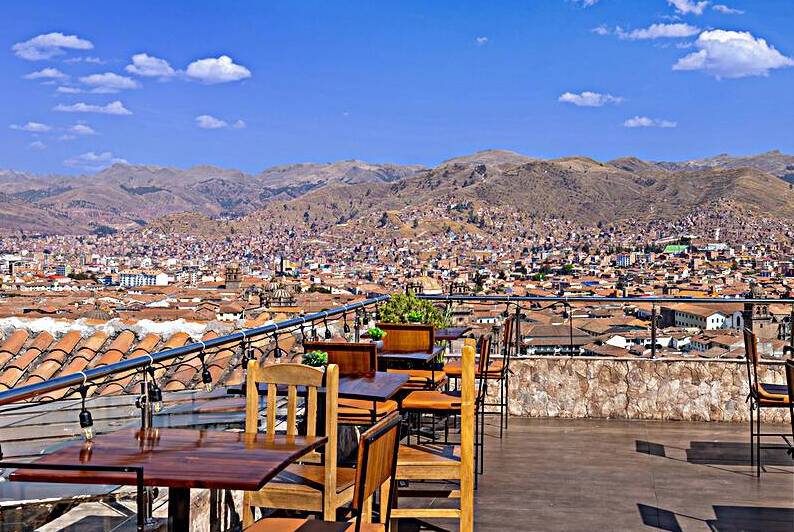 Peru. scenic panoramic view of Cusco panoramic skyline from San Cristobal Viewpoint by Elijah Lovkoff