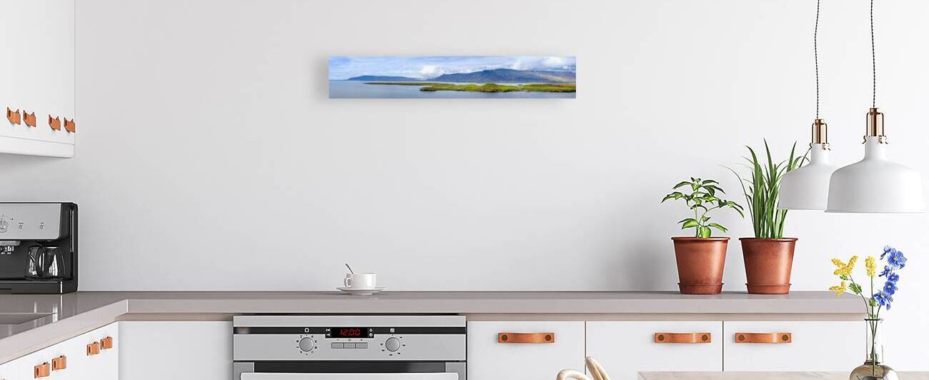 Panoramic view of typical scenic landscape in Iceland with pastures near fjords and glaciers by Elijah Lovkoff