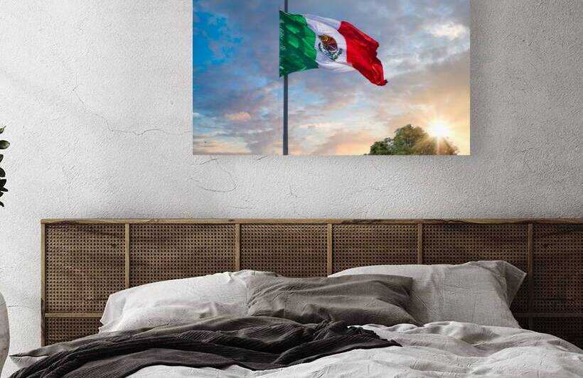 Los Cabos Mexico Mexican tricolor national striped flag proudly waving at mast in the air with Aztec symbol for Tenochtitlan by Elijah Lovkoff