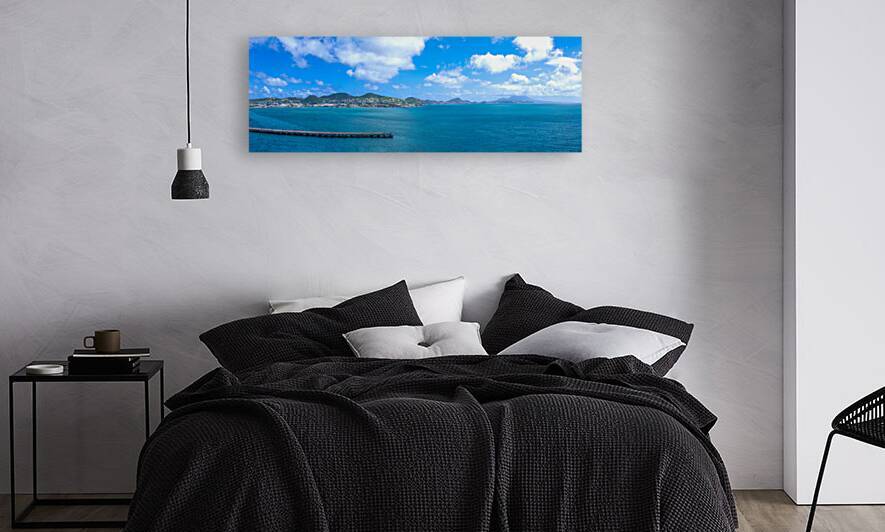 Panoramic view of Saint Kitts and Nevis harbor ocean shore with scenic beaches and landscapes by Elijah Lovkoff