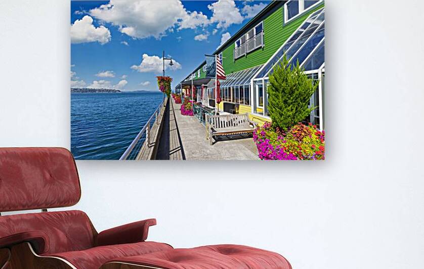 Panoramic view of Seattle Bell Harbor Marina and Seattle harbor piers and restaurants by Elijah Lovkoff