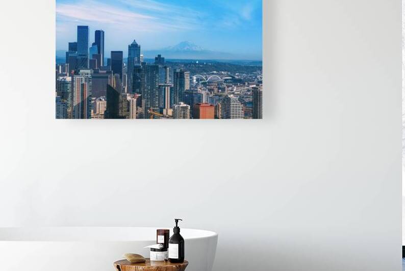 Panoramic Seattle financial district skyline in city downtown with Mount Rainier in the background by Elijah Lovkoff