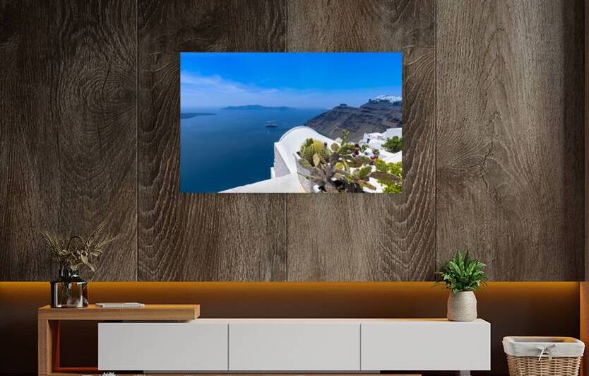 Greece Islands scenic panoramic sea views of Santorini island from top outlook of Fira village by Elijah Lovkoff