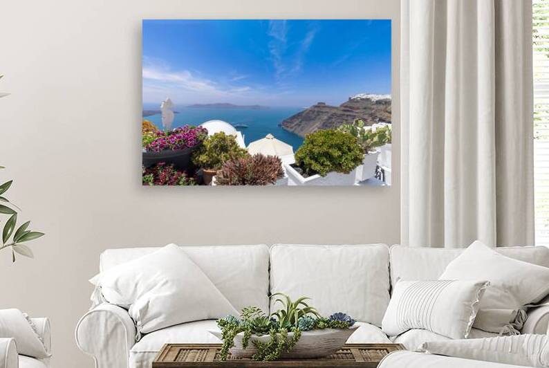 Greece Islands scenic panoramic sea views of Santorini island from top outlook of Fira village by Elijah Lovkoff