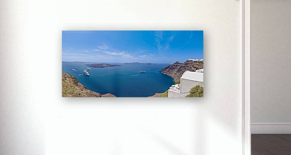 Greece Islands scenic panoramic sea views of Santorini island from top outlook of Fira village by Elijah Lovkoff
