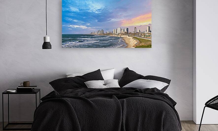 Scenic Israel Tel Aviv coastline seashore promenade with hotels and beaches near Old Jaffa port by Elijah Lovkoff