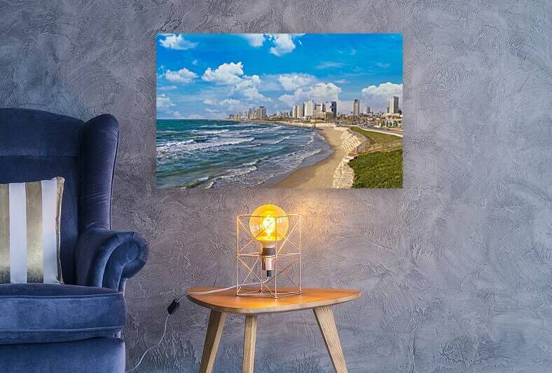 Scenic Israel Tel Aviv coastline seashore promenade with hotels and beaches near Old Jaffa port by Elijah Lovkoff
