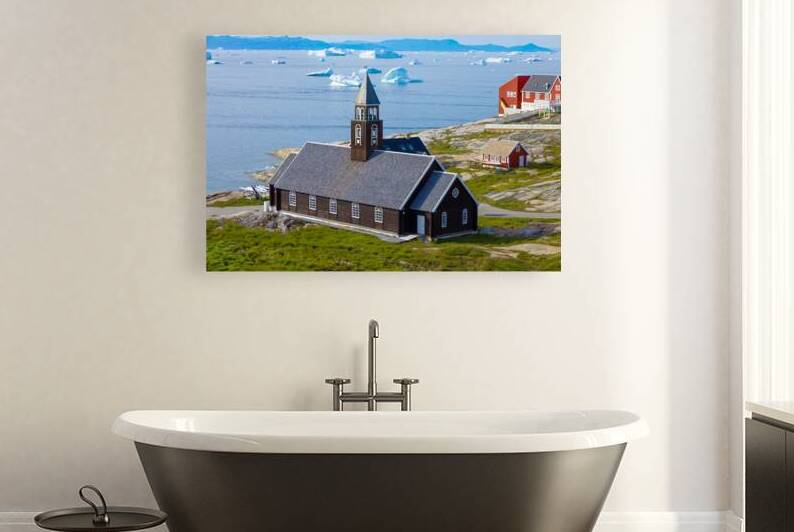 Typical architecture of Greenland Ilulissat with colored houses located near fjords and icebergs by Elijah Lovkoff