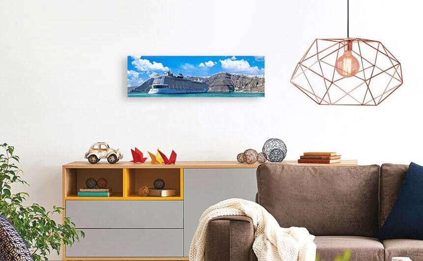 Greece Islands scenic panoramic sea views of Santorini island from docked cruise ship by Elijah Lovkoff
