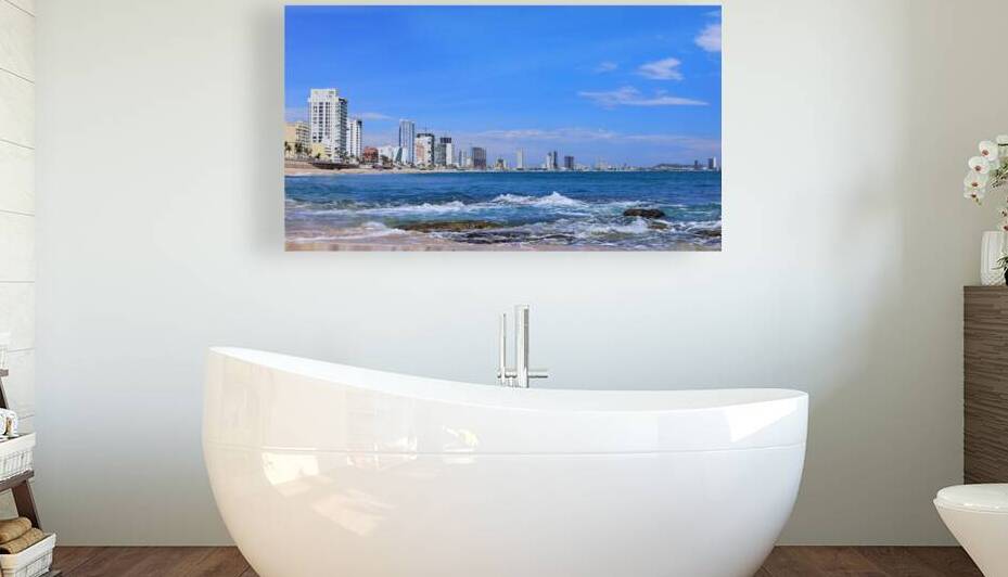 Panoramic view of Mazatlan sea promenade and waterfront El Malecon with ocean lookouts and beaches by Elijah Lovkoff