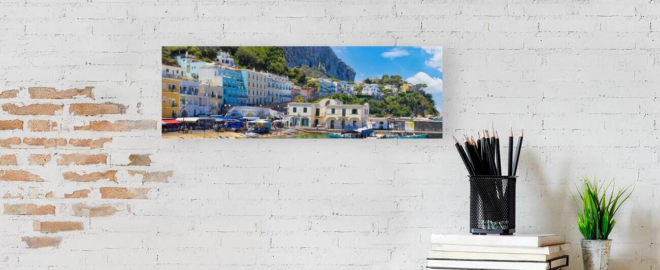 Italy scenic views of Capri Island Bay. Ships yachts and ferries in Capri harbor by Elijah Lovkoff