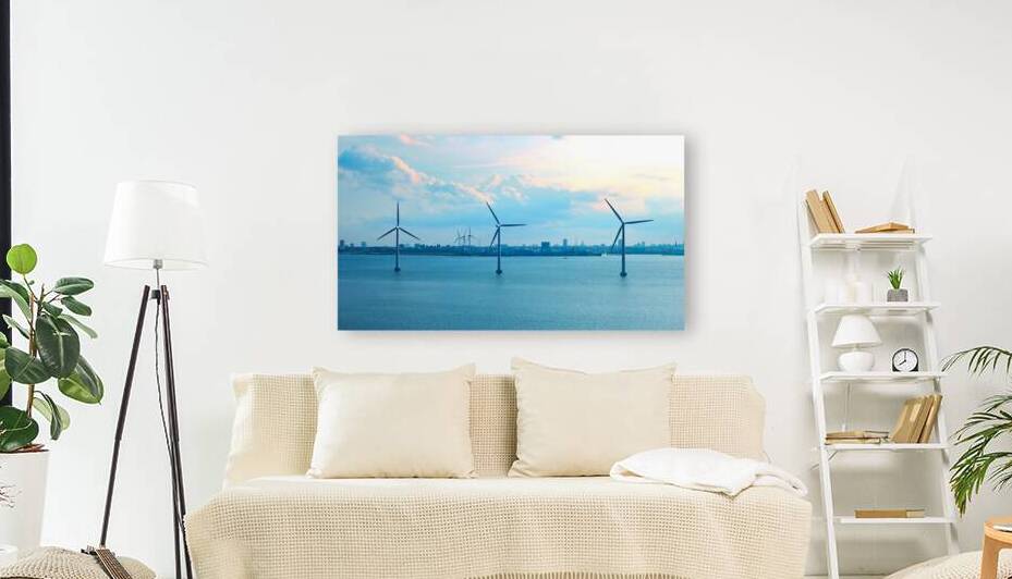 Renewable energy wind power plant and wind turbines along Denmark sea shoreline near Copenhagen by Elijah Lovkoff