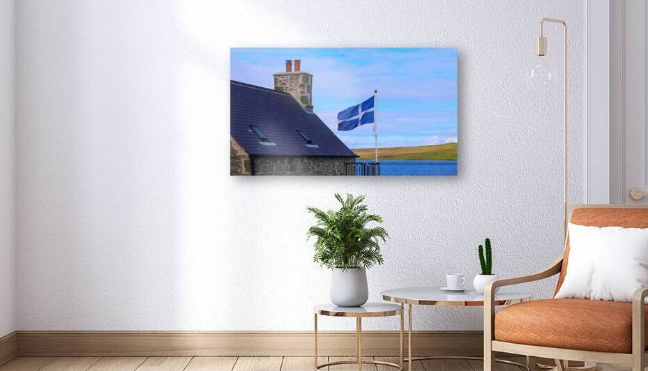 Shetland Flag waving on a typical medieval house in Lerwick downtown and port in Scotland England by Elijah Lovkoff